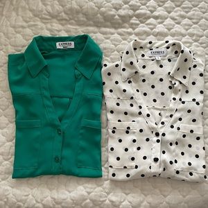 Express Portofino Dress Shirt Long Sleeve Button Up Polka Dots & Green Women S.